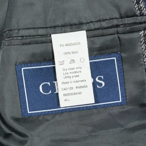 Chaps Mens 44L 100% Wool Houndstooth Sport Coat Blazer Grey Blue Elbow Patches - Picture 3 of 11